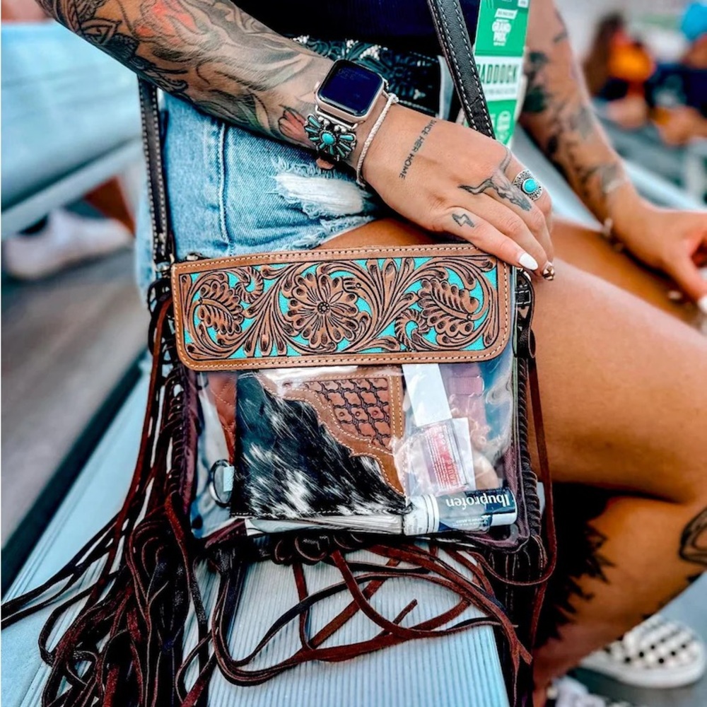 Boho Ranch - Western Tooled Leather Clear Crossbody Purse hand tooled concert